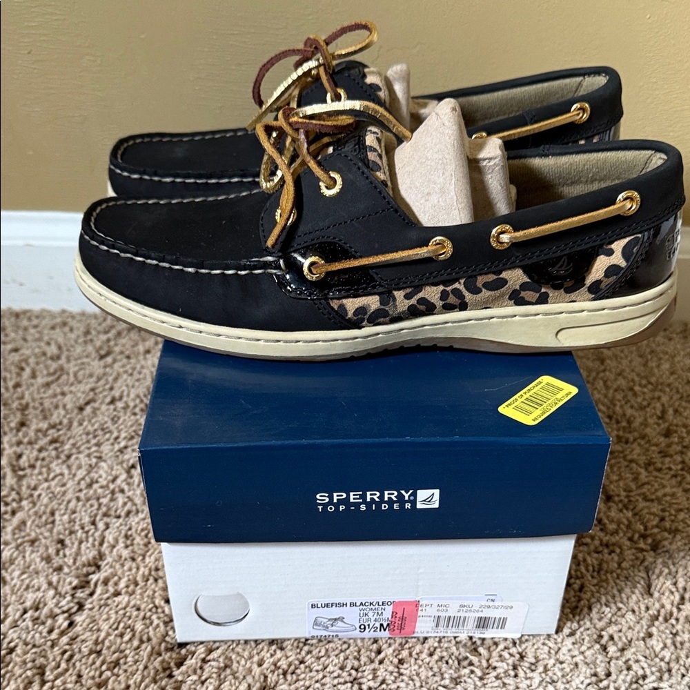 Sperry women’s Black and Tan Leopard Boat Shoes
